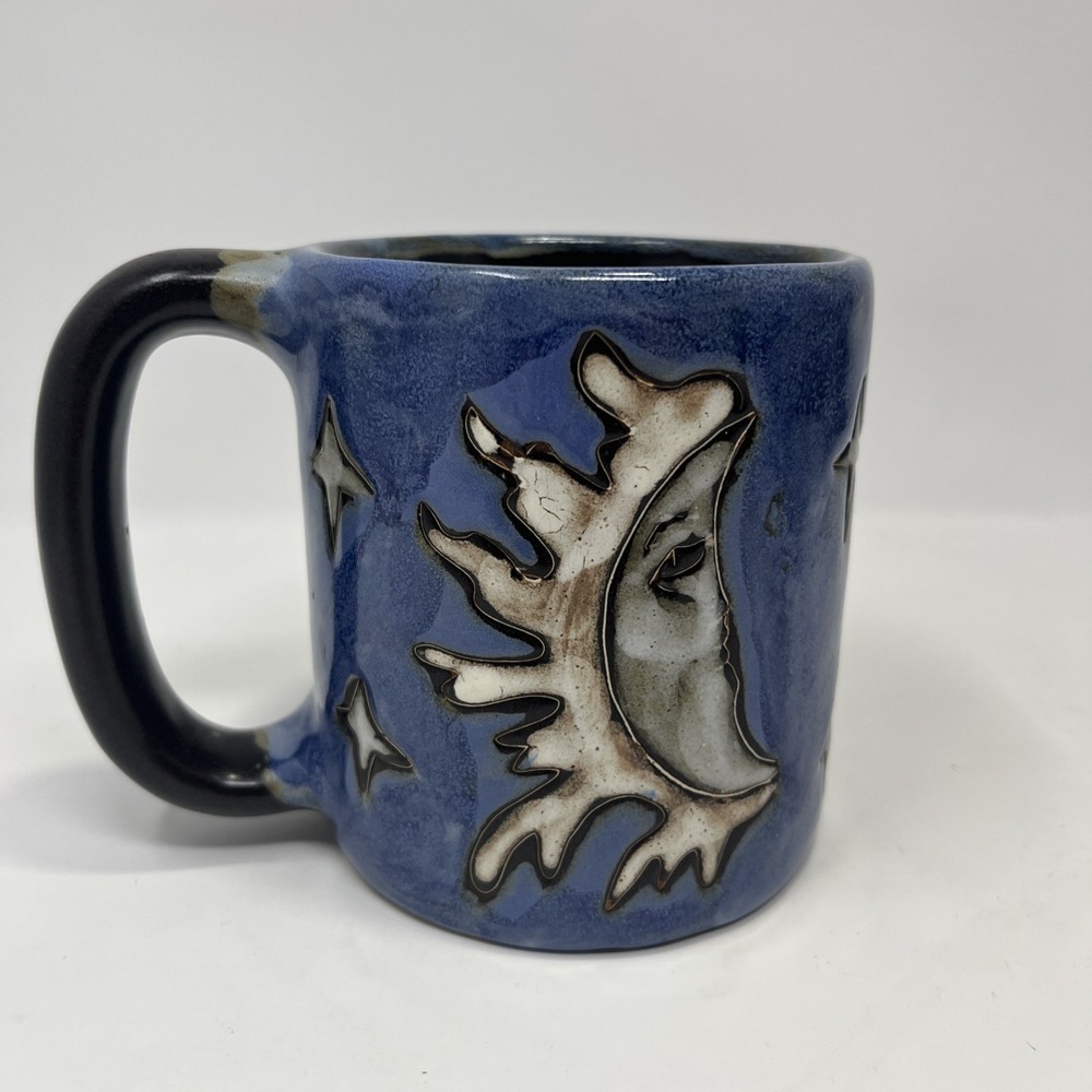 Sun Moon Maria Stoneware Mexico Ceramic Mug Large Blue ~16 oz Mexican Pottery
